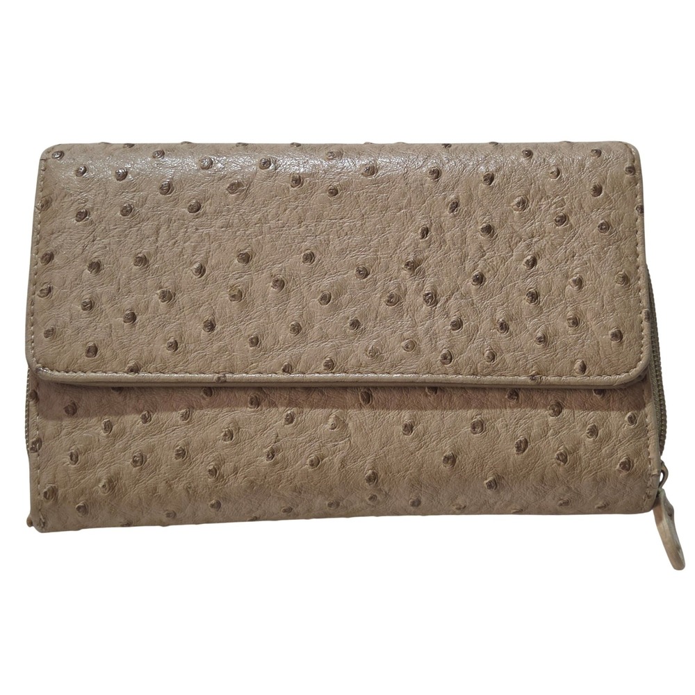 Safe Keeper Ostrich Embossed Wallet Tan Excellent RFID Organizer 11515